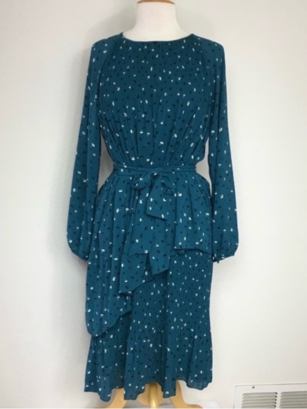 Vintage Womens Teal Floral Pleated Accordion Midi Dress Size 13 Girlhoodcore